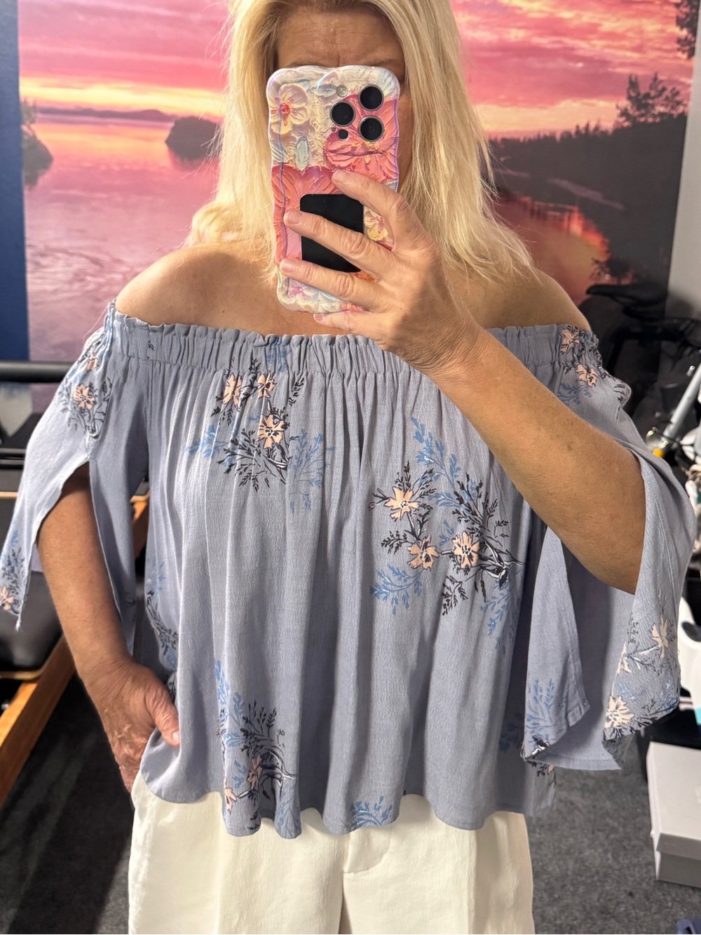Astr Lavender Blue Off-Shoulder Floral Blouse